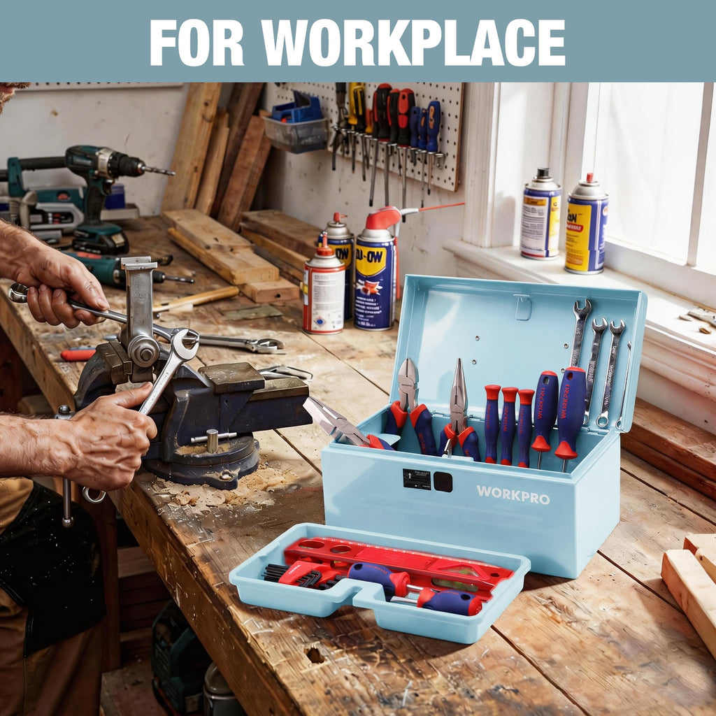 10.8" Mini Metal Tool Box with Removable Tray | Steel Toolbox, One-Button Latch, PP Handle, Removable Tray, Portable Storage, Home and Workshop Organization