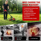 20000 RPM Electric Weed Wacker with Wheel,12″ Brushless Cordless Weed Eater Battery Powered, 4-in-1 Brush Cutter/String Trimmer/Grass Edger Tool/Lawn Mower, Stringless Weed Trimmer,5 Blade,2 Battery