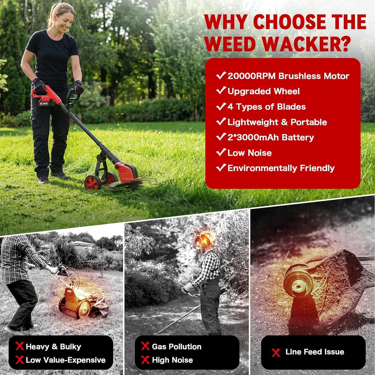20000 RPM Electric Weed Wacker with Wheel,12″ Brushless Cordless Weed Eater Battery Powered, 4-in-1 Brush Cutter/String Trimmer/Grass Edger Tool/Lawn Mower, Stringless Weed Trimmer,5 Blade,2 Battery