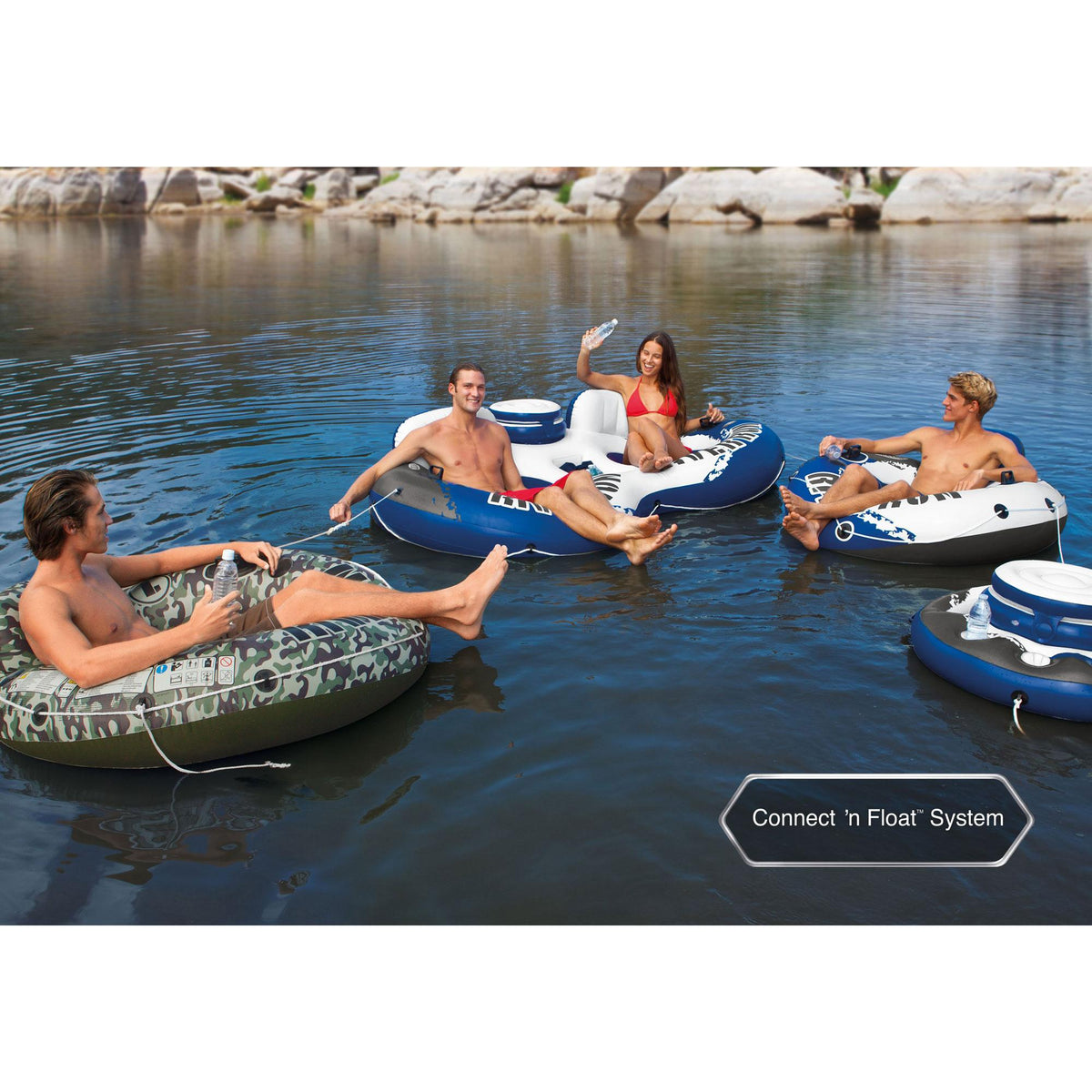 River Run 1 Person Floating Tube (4 Pack) and 12 Volt  Electric Air Pump