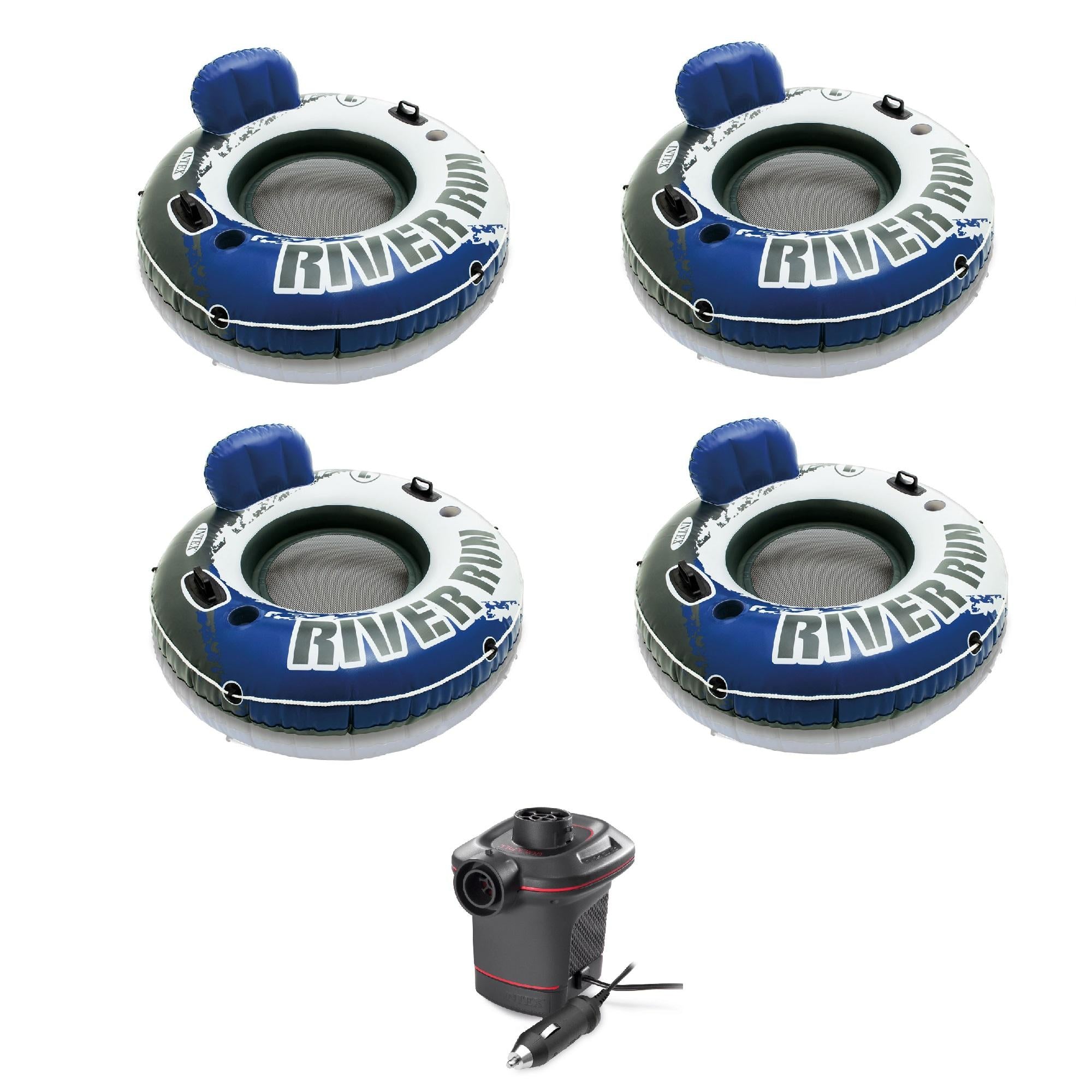 River Run 1 Person Floating Tube (4 Pack) and 12 Volt  Electric Air Pump