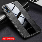Phone Case - Luxury Litchi Leather + Glass + Soft TPU Frame Case For iPhone X/XR/XS/XS Max 8 7 6S 6/Plus