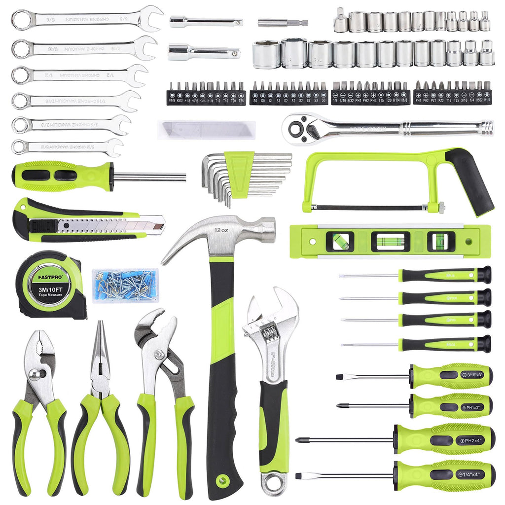198-Piece Household Tool Set, Home Repairing Tool Set with Toolbox, SAE Mechanics Hand Tool Kit for DIY, Home Maintenance, Green