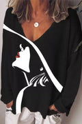 Casual V-neck Printed Long-sleeved T-shirt
