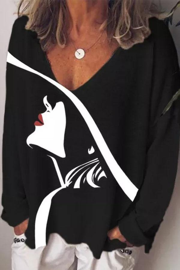 Casual V-neck Printed Long-sleeved T-shirt