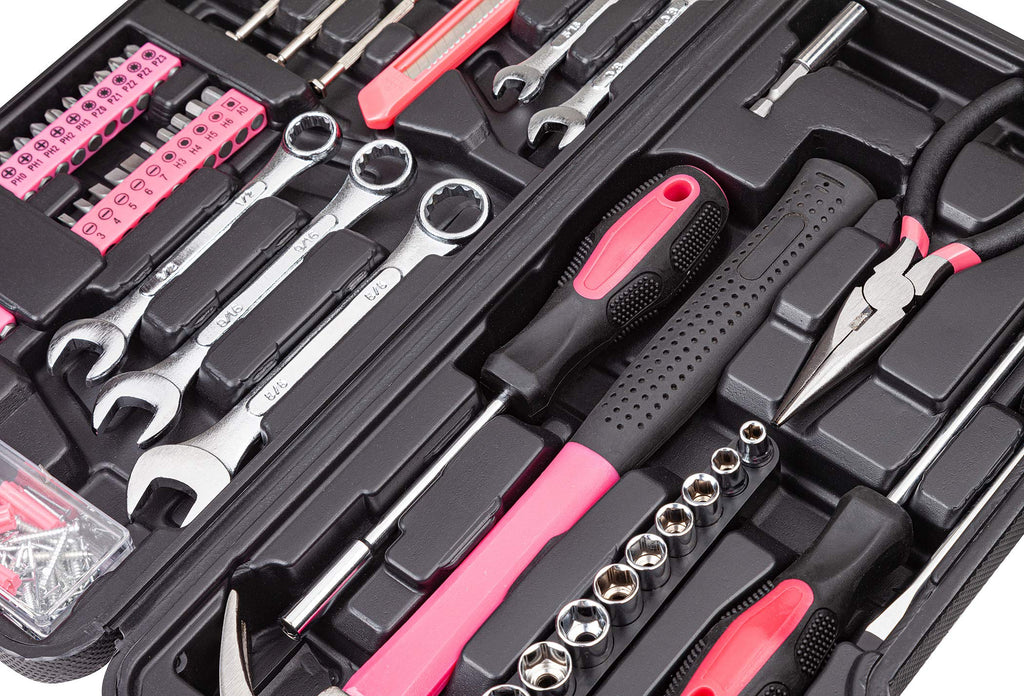 148-Piece Automotive And Household Tool Set, Pink Repair Kit Case | Versatile tool assortment for car maintenance, home repairs, DIY projects, furniture setup, and daily fixes in a molded case.