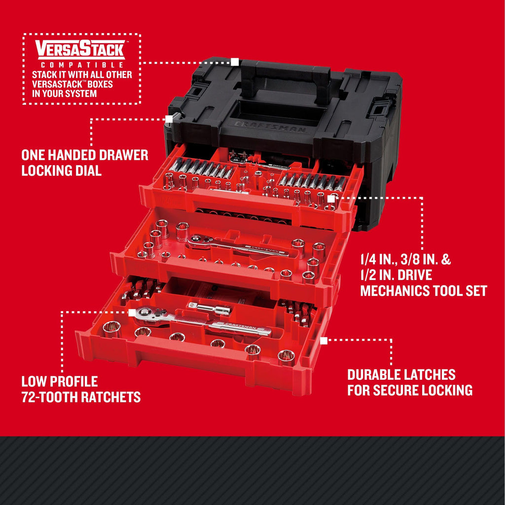 230 Pcs Mechanics Tool Set, Socket Wrench Set, Car Tool Kit with VERSASTACK Toolbox, SAE and Metric,1/4 in, 3/8 in, and 1/2 Drive, Short and Long Arm Hex Keys (CMMT45306)