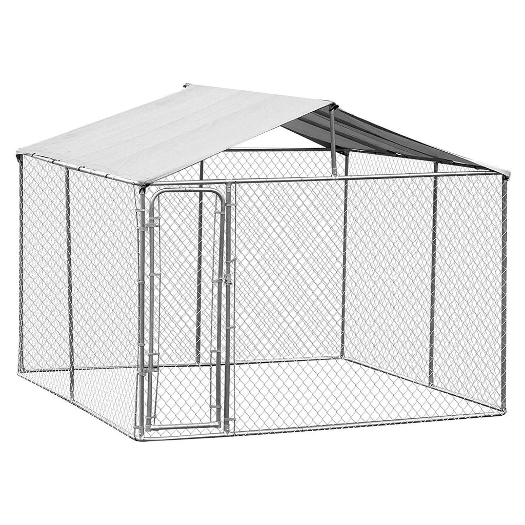PawHut 10' x 10' x 6' Outdoor Chain Link Box Kennel Dog House with Cover - Silver