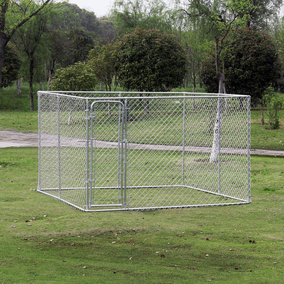 PawHut 10' x 10' x 6' Outdoor Chain Link Box Kennel Dog House with Cover - Silver