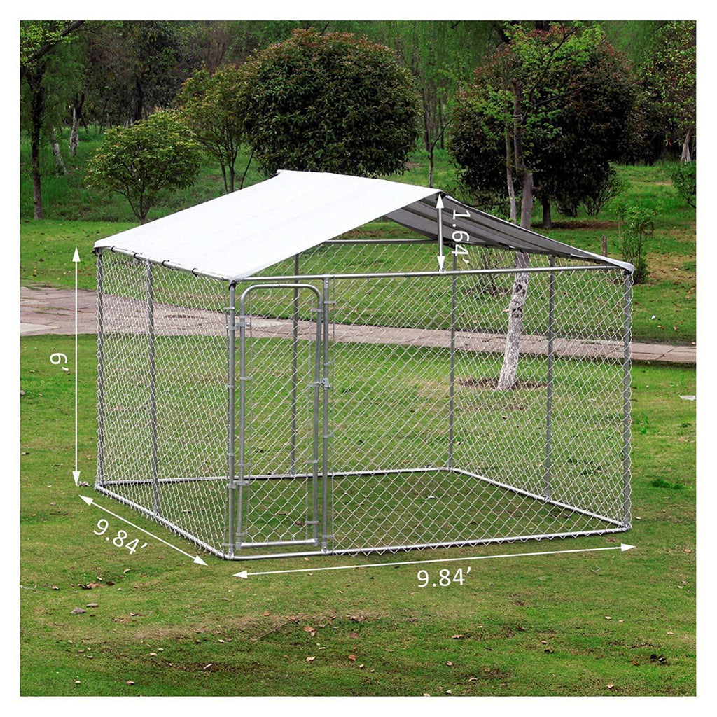 PawHut 10' x 10' x 6' Outdoor Chain Link Box Kennel Dog House with Cover - Silver