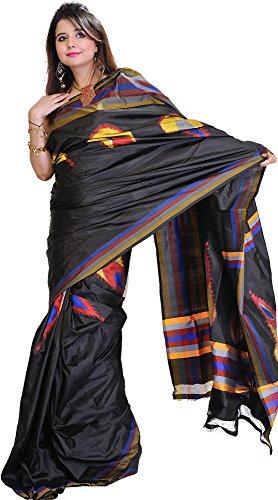 Exotic India Licorice-Black Double Ikat Sari from Pochampally with Hand-Woven Peacock Feathers