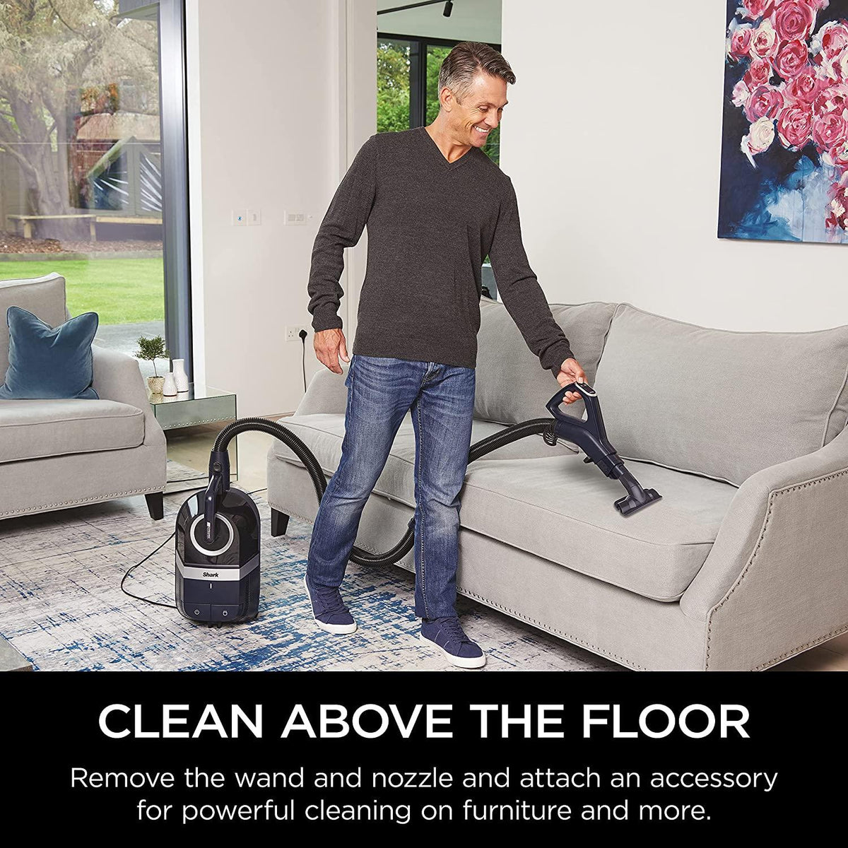 Shark CZ351 Pet Canister Vacuum, Bagless, Corded with Self-Cleaning Brushroll &amp; PowerFins, Navy &amp; Silver