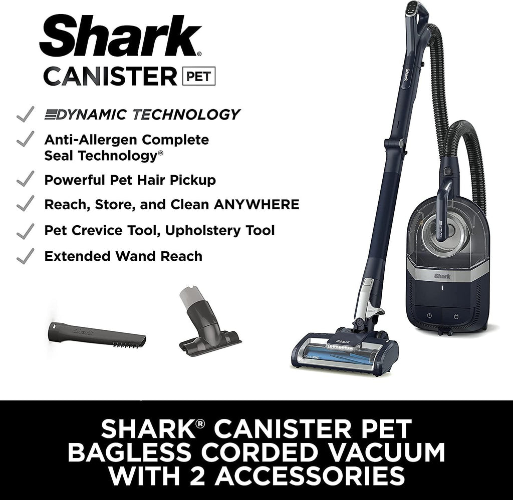 Shark CZ351 Pet Canister Vacuum, Bagless, Corded with Self-Cleaning Brushroll &amp; PowerFins, Navy &amp; Silver