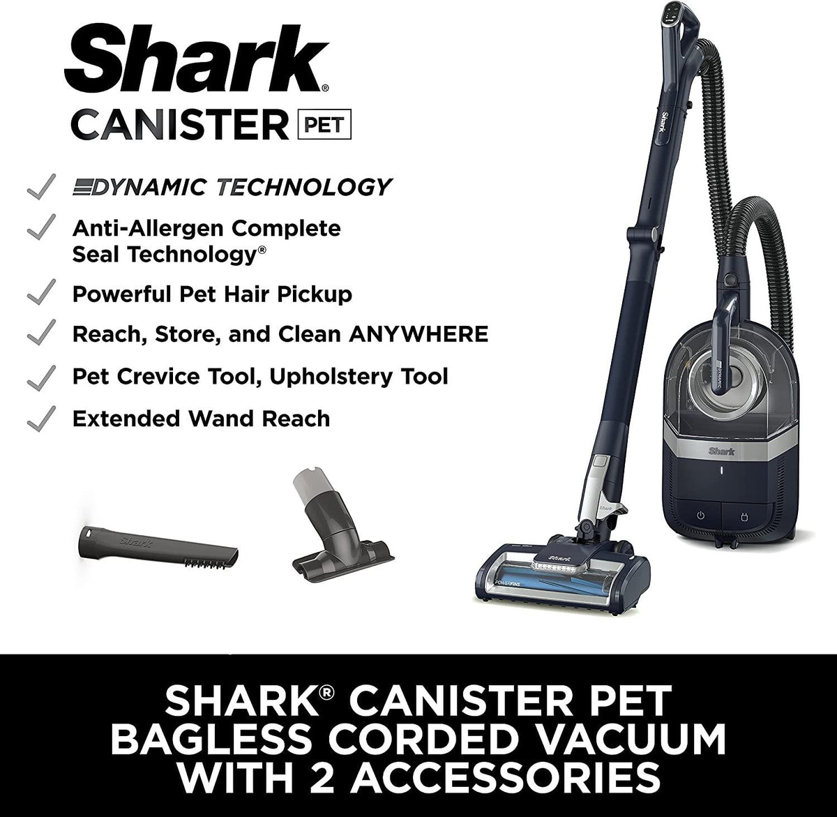 Shark CZ351 Pet Canister Vacuum, Bagless, Corded with Self-Cleaning Brushroll &amp; PowerFins, Navy &amp; Silver