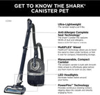 Shark CZ351 Pet Canister Vacuum, Bagless, Corded with Self-Cleaning Brushroll &amp; PowerFins, Navy &amp; Silver