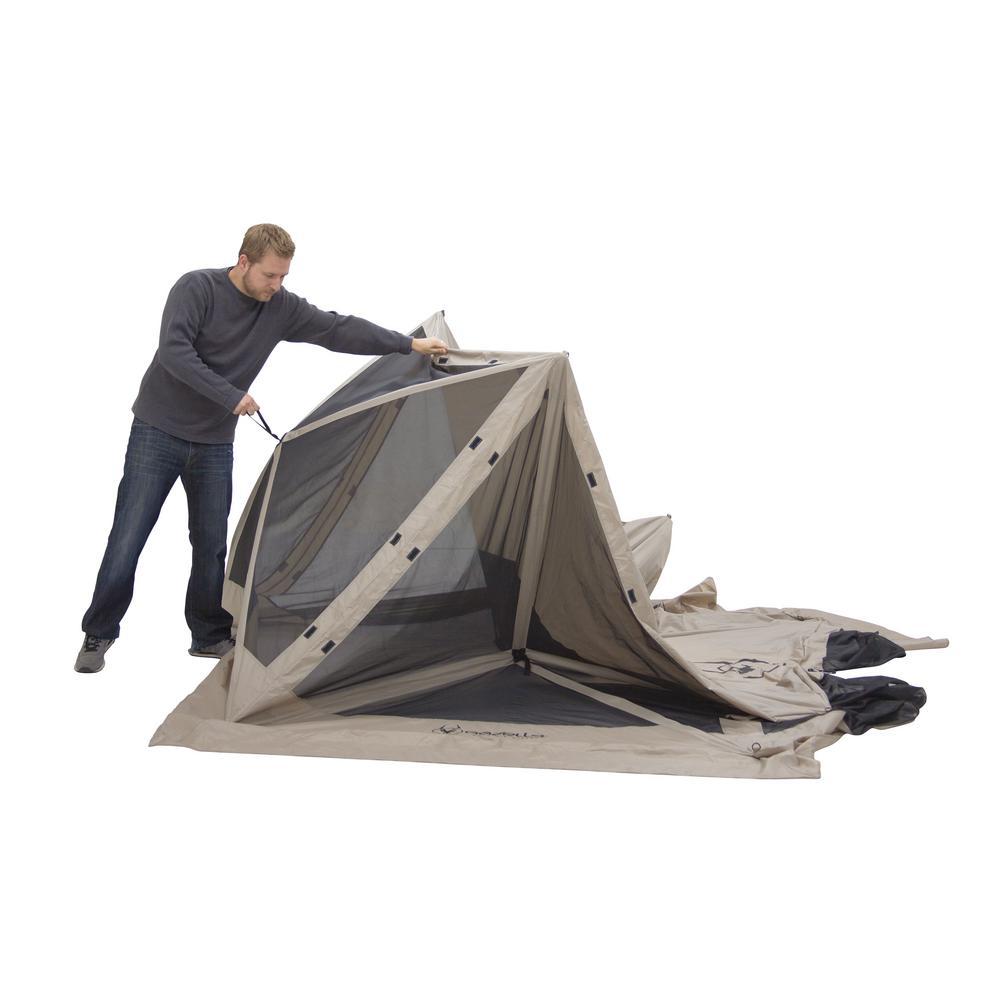 115 in. x 106 in. x 85 in. 5-Sided Tan UV and Water Resistant Roof Polyester and Mesh Portable Modern Gazebo