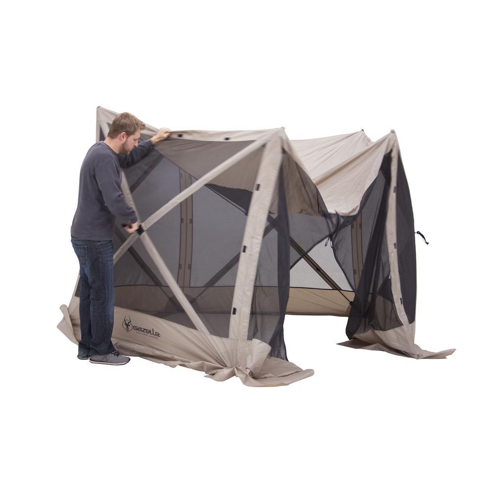 115 in. x 106 in. x 85 in. 5-Sided Tan UV and Water Resistant Roof Polyester and Mesh Portable Modern Gazebo
