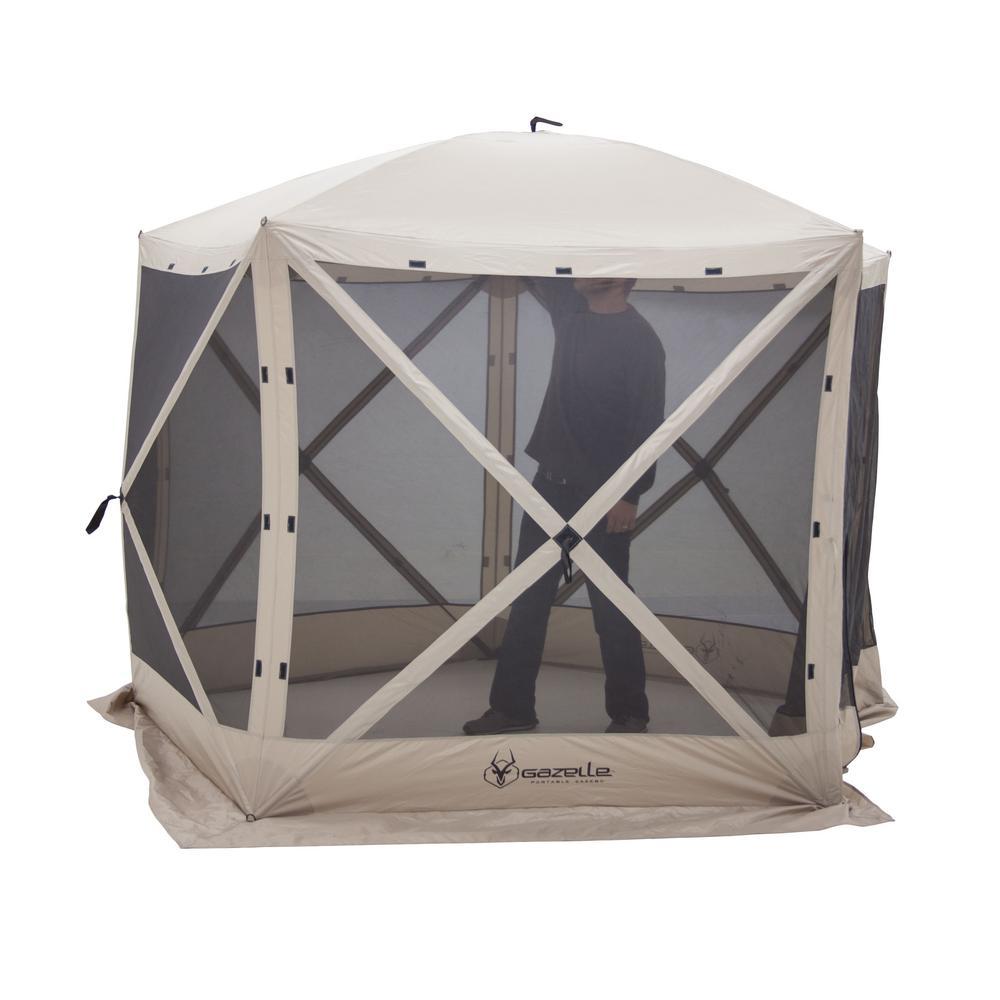115 in. x 106 in. x 85 in. 5-Sided Tan UV and Water Resistant Roof Polyester and Mesh Portable Modern Gazebo