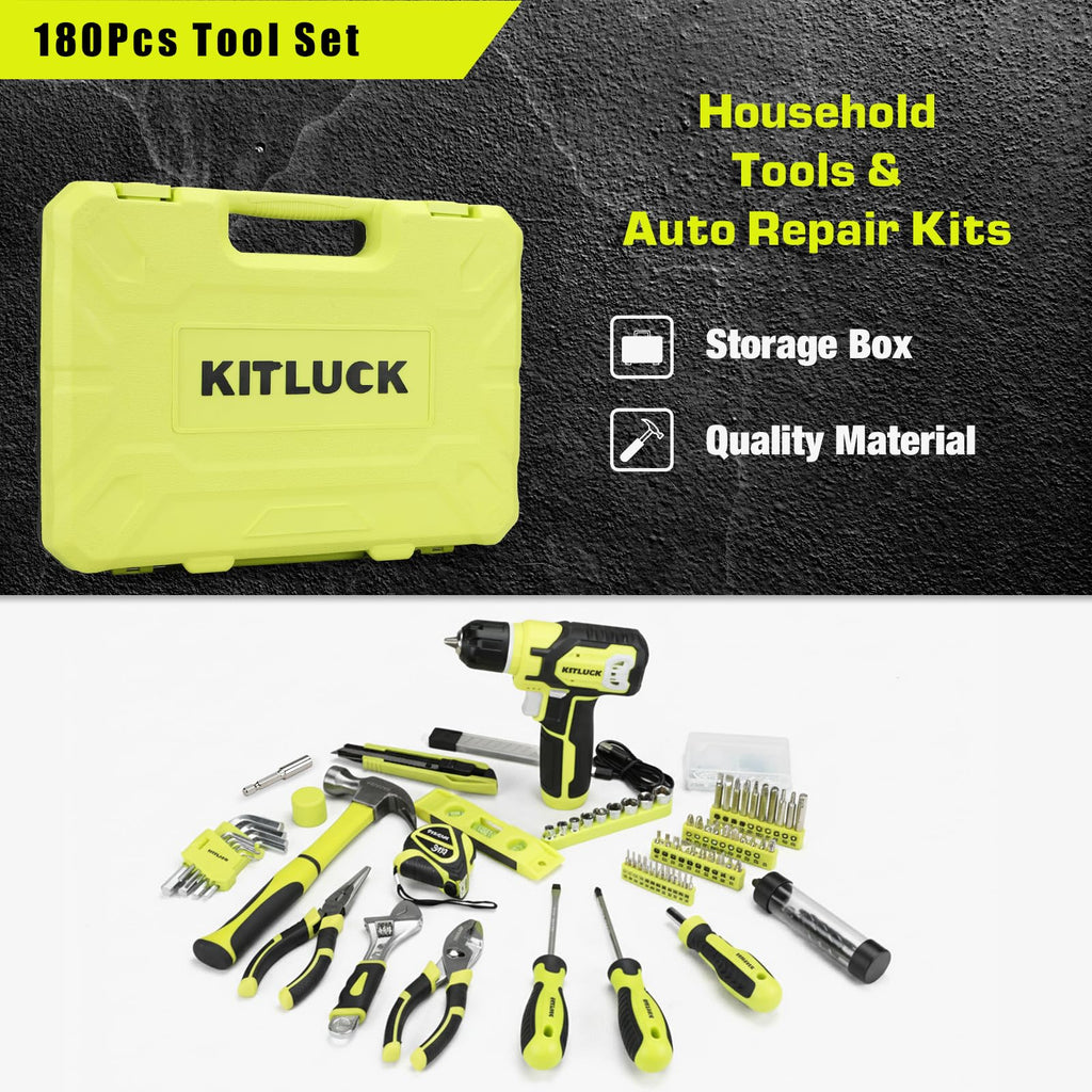 Power Drill Set, 180Pcs Home Hand Tool Kit with 8V Drill, Portable Tool box Kit with Screwdriver, Plier, Wrench, Socket, Harmer, Household Cordless Drill Set for Men Women Home