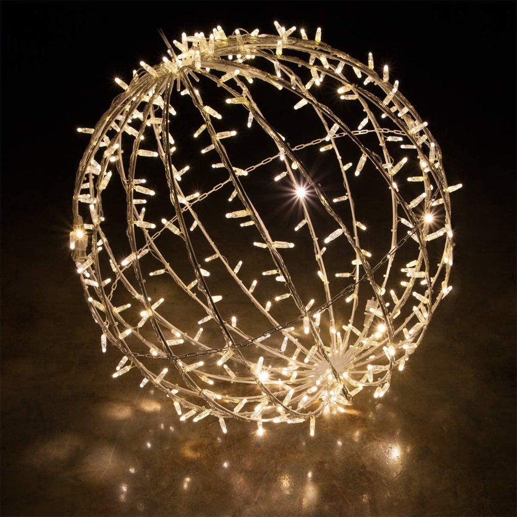 Commercial LED LarLight Ball Christmas Light LED Sphere Outdoor Christmas Light Decoration, Fold-Flat Metal Frame (37", White Frame/Warm White Lights)