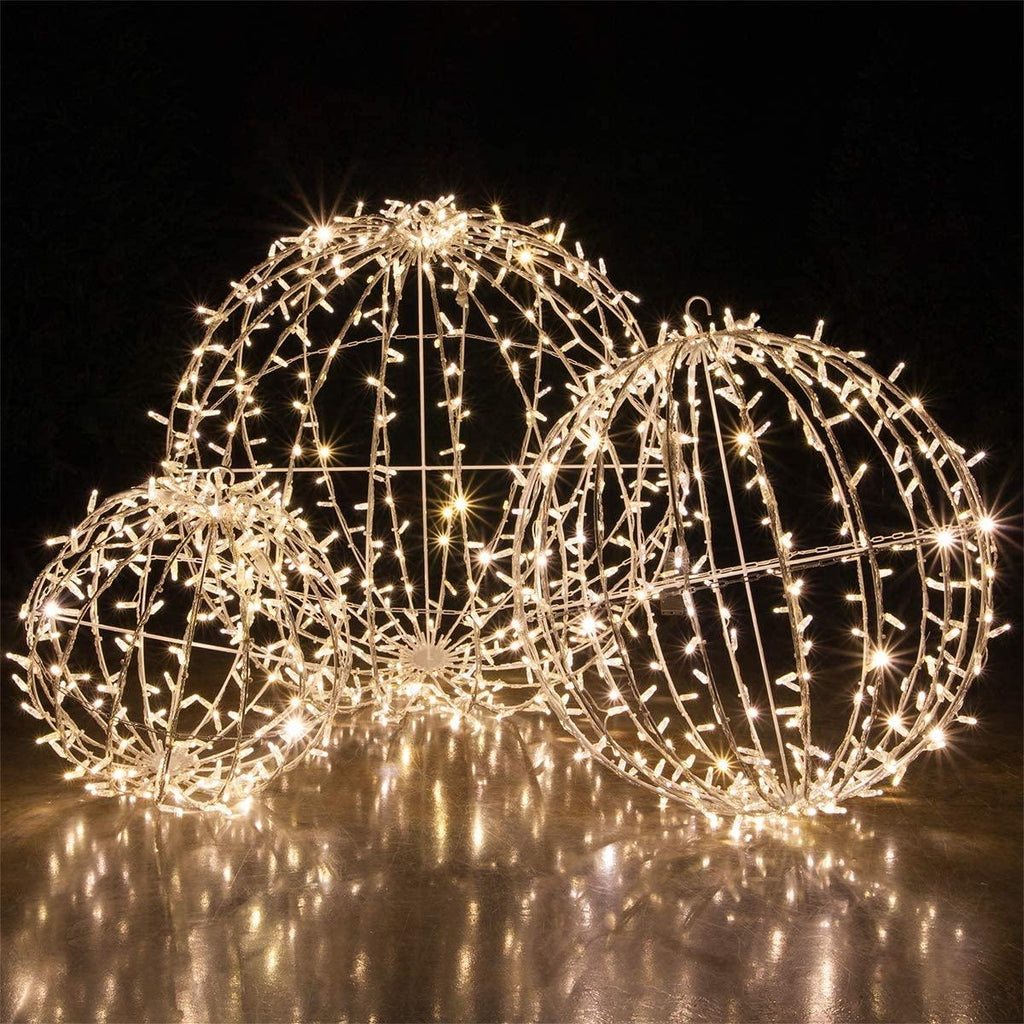 Commercial LED LarLight Ball Christmas Light LED Sphere Outdoor Christmas Light Decoration, Fold-Flat Metal Frame (37", White Frame/Warm White Lights)