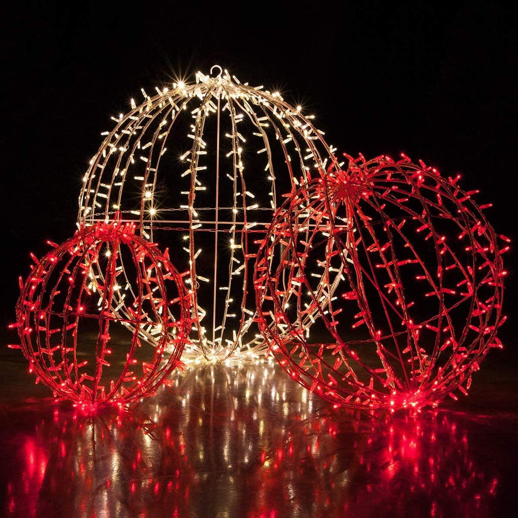 Commercial LED LarLight Ball Christmas Light LED Sphere Outdoor Christmas Light Decoration, Fold-Flat Metal Frame (37", White Frame/Warm White Lights)