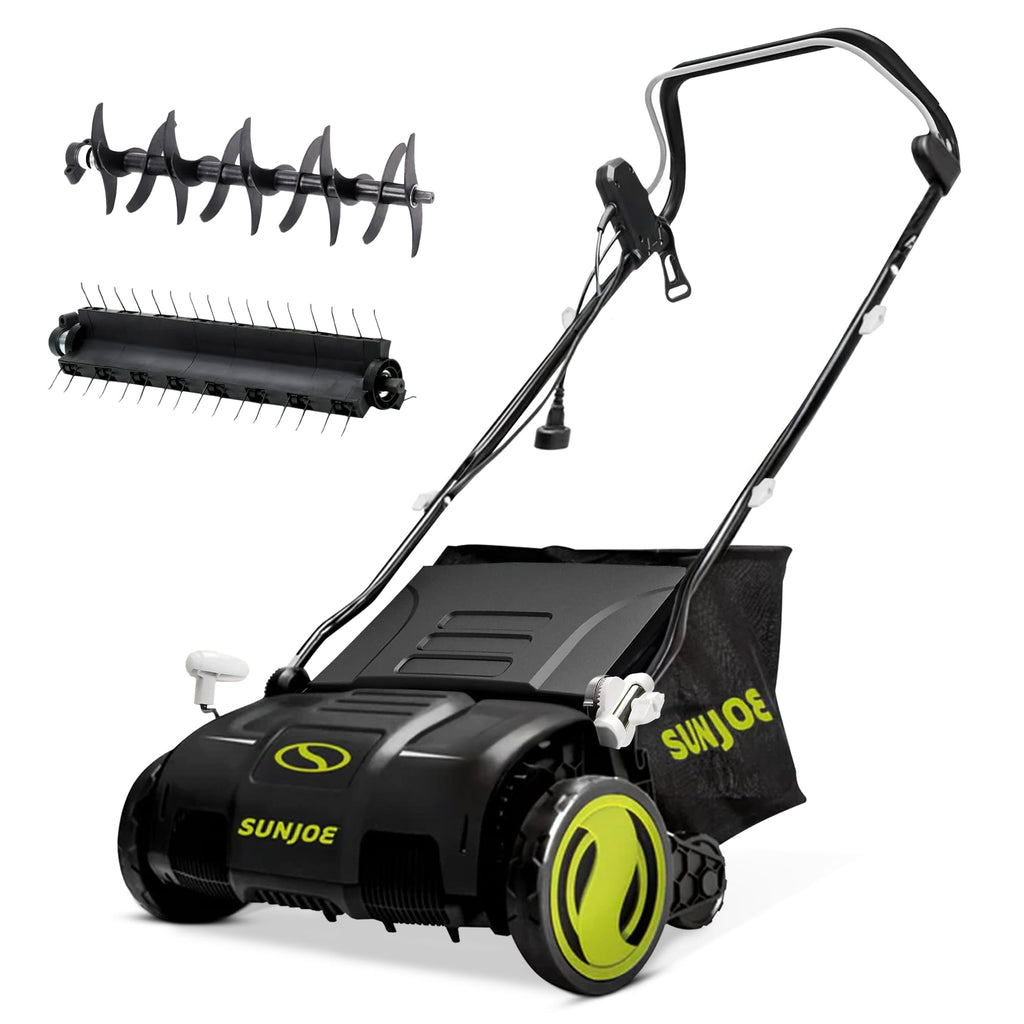 15-Inch Electric Powered Lawn Dethatcher with Scarifier Blade Reel and Collection Bag - 13-Amp Corded Yard Power Rake Tool Machine for Grass Thatch Removal, AJ805E