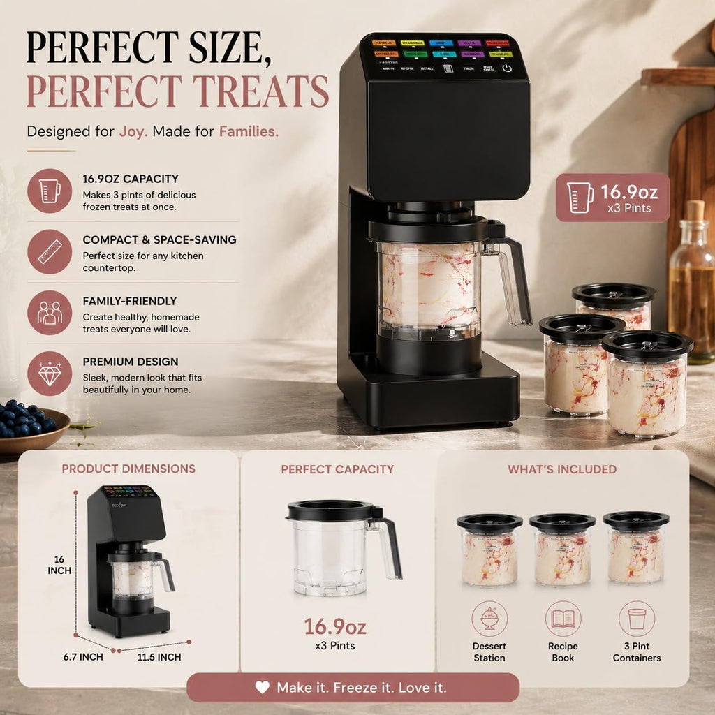 Ice Cream Maker – 11-in-1 Frozen Treat Maker for Ice Cream with 3 Pints, Gelato, Sorbet, Milkshakes & Smoothie Bowls | 800W, 11 One-Touch Programs, Technology | Keto, Vegan, Dairy-Options