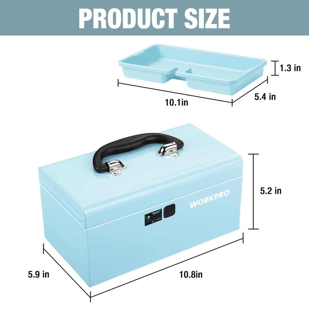 10.8" Mini Metal Tool Box with Removable Tray | Steel Toolbox, One-Button Latch, PP Handle, Removable Tray, Portable Storage, Home and Workshop Organization