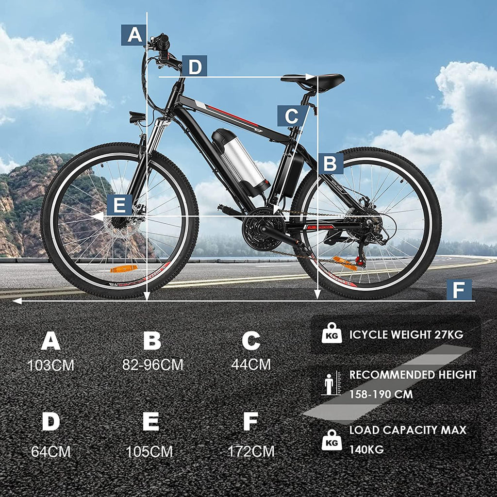 Ayner 26 In. Adult Electric Bike, 250W Brushless Motor, 36V/8Ah Removable Lithium-Ion Battery Fast Charge, Mountain Bicycle with Dual Disc Brakes, 21 Speed Gears, Black