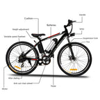 Ayner 26 In. Adult Electric Bike, 250W Brushless Motor, 36V/8Ah Removable Lithium-Ion Battery Fast Charge, Mountain Bicycle with Dual Disc Brakes, 21 Speed Gears, Black