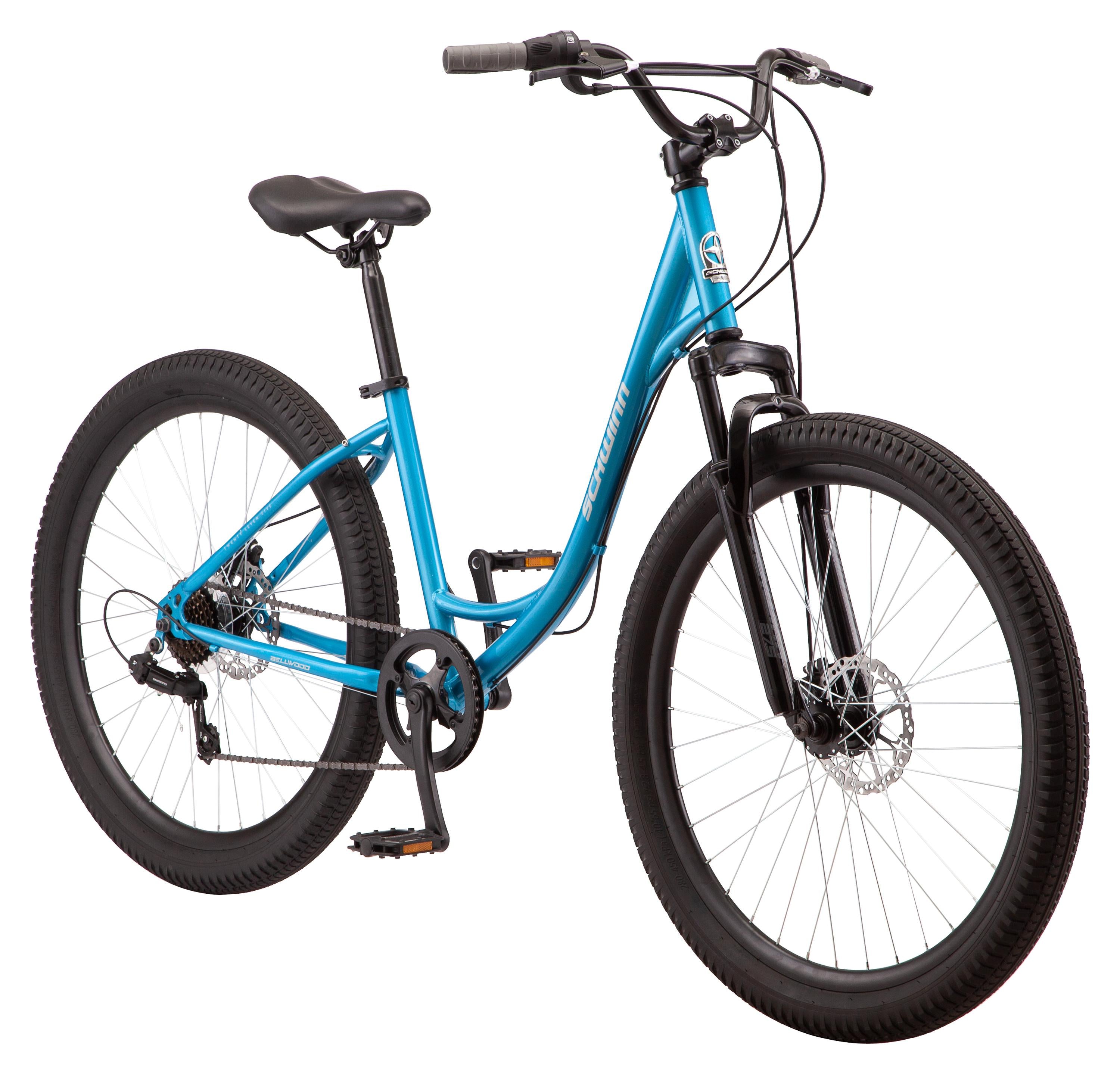 Schwinn Bellcomfort hybrid bike, 7-speeds, 27.5-inch wheels, blue, step-through, low