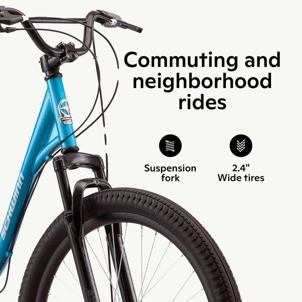 Schwinn Bellcomfort hybrid bike, 7-speeds, 27.5-inch wheels, blue, step-through, low