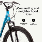 Schwinn Bellcomfort hybrid bike, 7-speeds, 27.5-inch wheels, blue, step-through, low