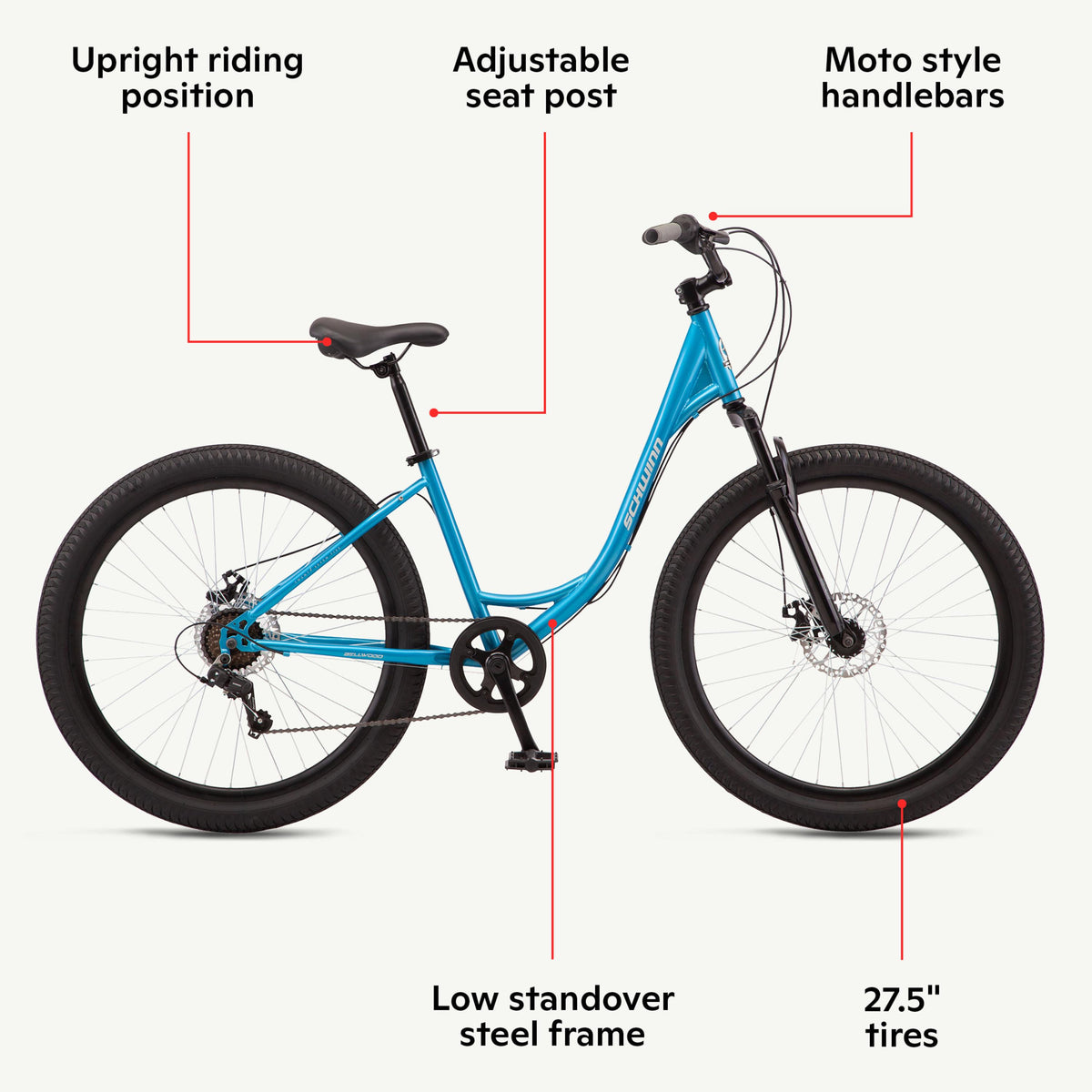 Schwinn Bellcomfort hybrid bike, 7-speeds, 27.5-inch wheels, blue, step-through, low