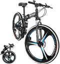 26 inch 21 Speed Folding Mountain Bike High Carbon Steel, Full Suspension MTB Bicycle for Adult, Double Disc Brake Outroad Mountain Bicycle for Men Women,Fast Delivery [ USA in Stock ] (A)