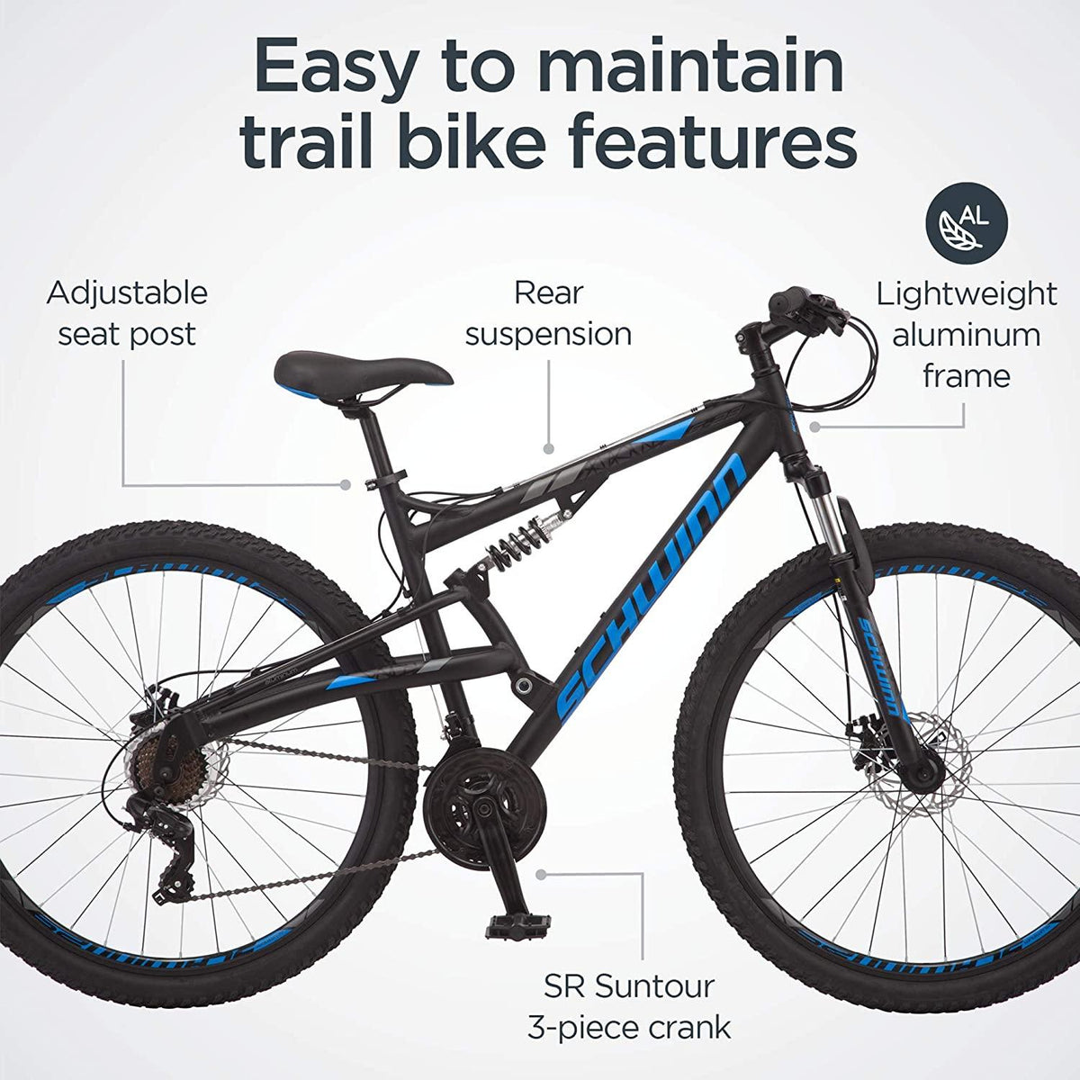 Schwinn S29 Mens Mountain Bike, 29-Inch Wheels, 18-Inch/Medium Aluminum Frame, Dual-Suspension, Mechanical Disc Brakes, Multiple Colors