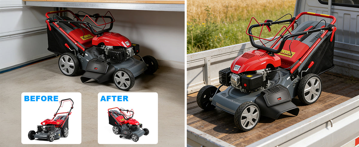 131cc Foldable Gas Lawn Mower, Self-Propelled Rear-Wheel Drive, 18 Inch Cutting Width, 50L Grass Bag, 3-in-1 Mulching/Side Discharge/Rear-Bagging, Lightweight Push-Button Start Mower