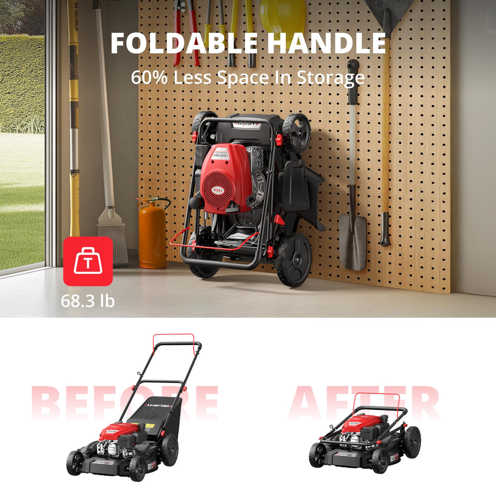 21-Inch Gas Push Lawn Mower, 144cc 4-Stroke Engine, 6-Position Adjustable Cutting Height, 3-in-1 Mulching, Side Dischar&amp; Rear Bag for Garden Landscaping