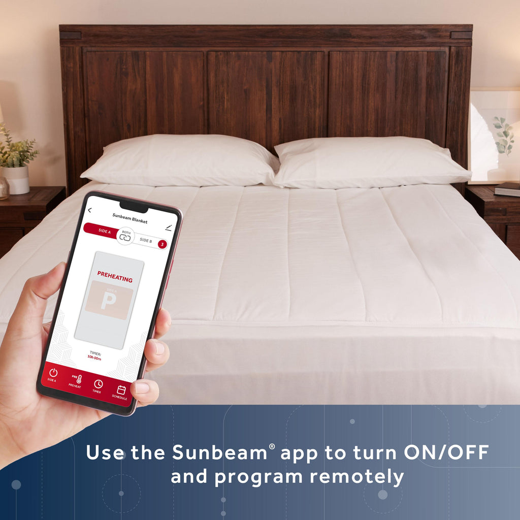 Sunbeam Connected Electric Heated Mattress Pad Size, 76" x 80", 10 Heat Settings, Fast Heating, Smart Heating with Wi-Fi, Voice &amp; Wired Digital Controller, Auto-Shut Off, Machine Washable