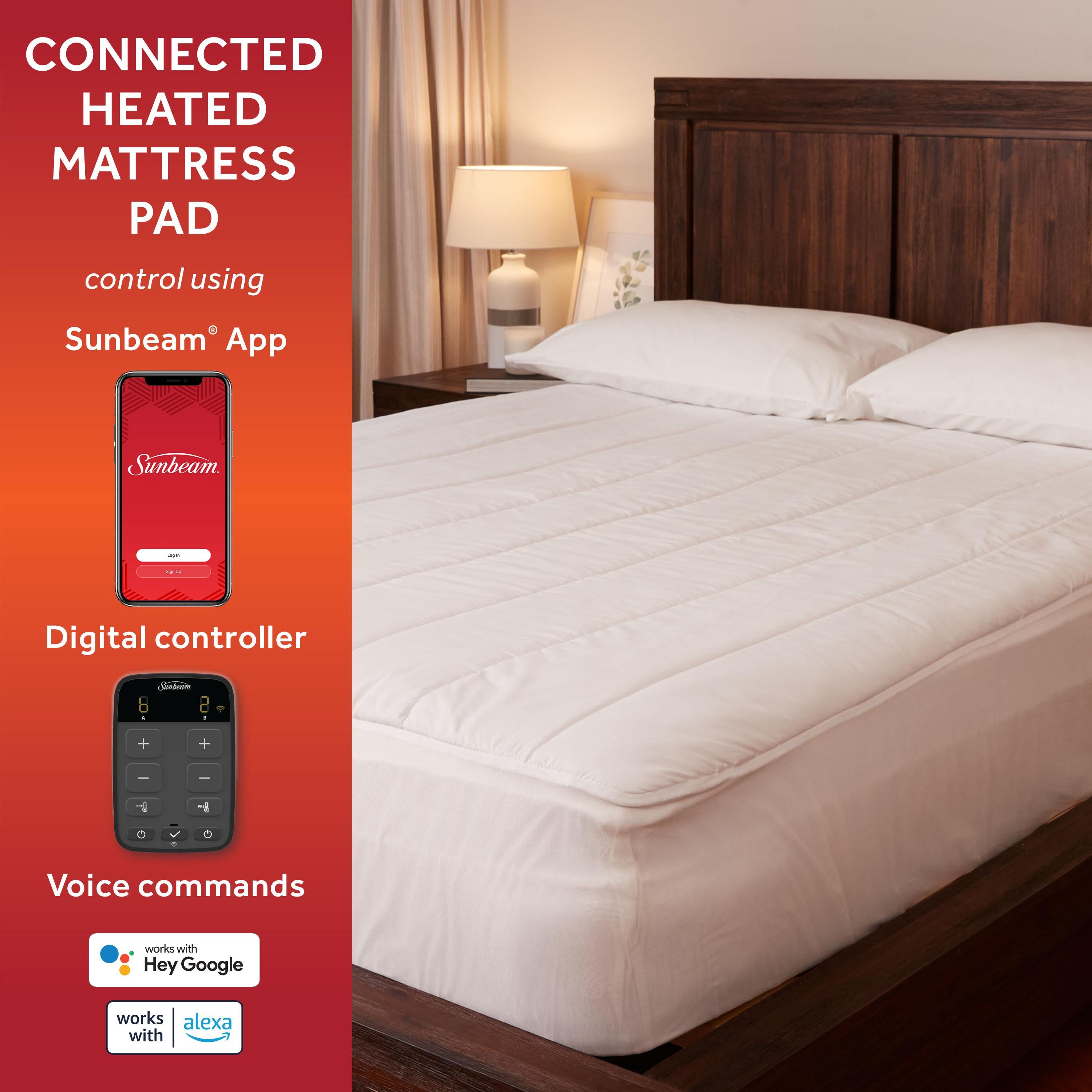 Sunbeam Connected Electric Heated Mattress Pad Size, 76" x 80", 10 Heat Settings, Fast Heating, Smart Heating with Wi-Fi, Voice &amp; Wired Digital Controller, Auto-Shut Off, Machine Washable