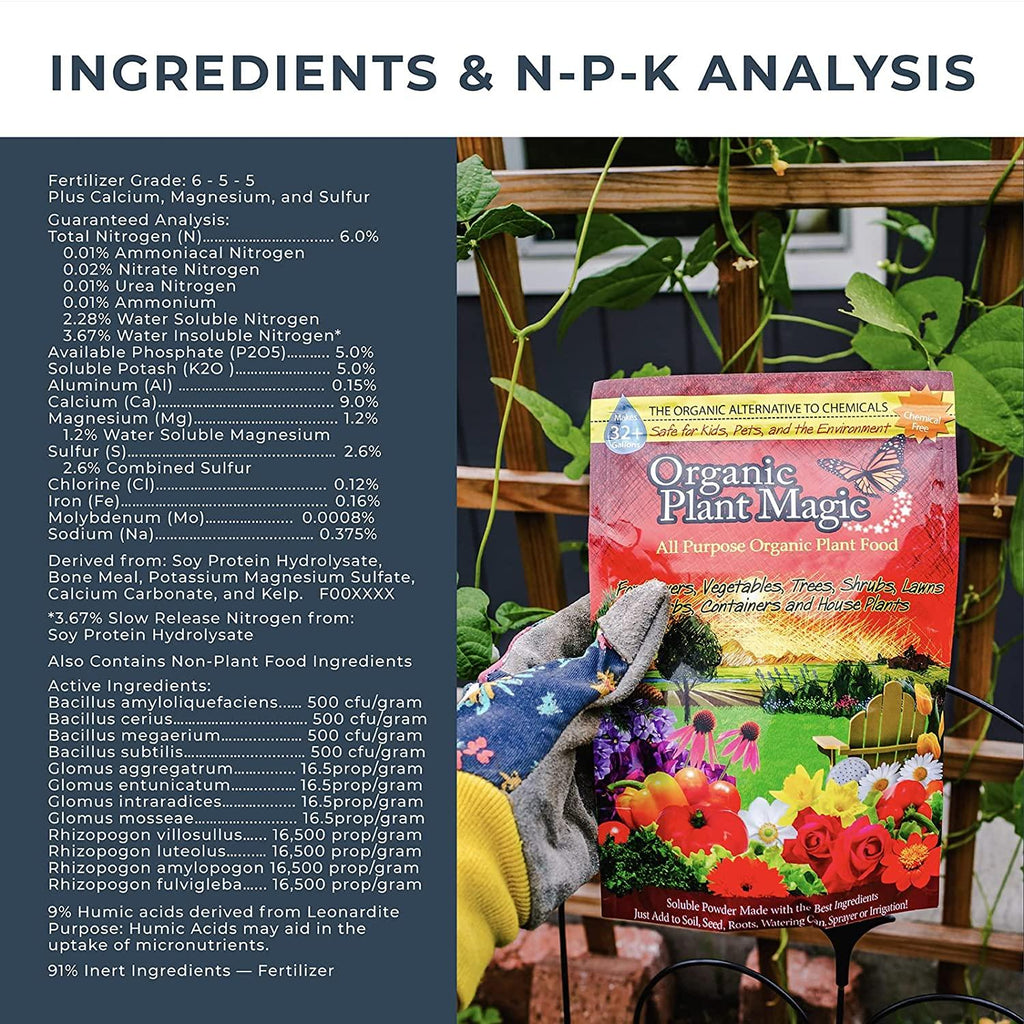 organic plant magic - super premium plant food: all-purpose soluble powder, plant-boosting minerals, perfect for all plants, kid &amp; pet safe [5lb bucket]