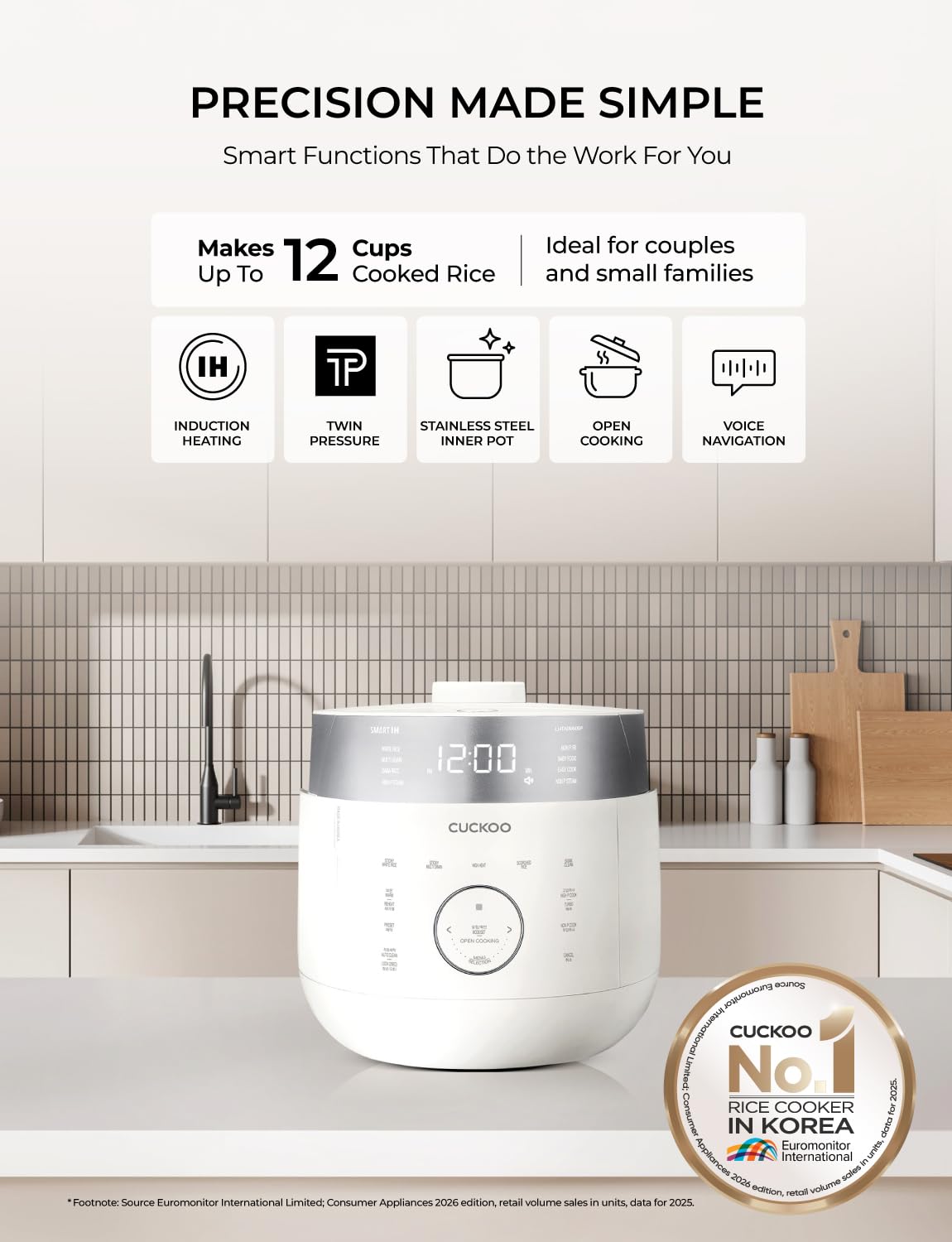 Twin Pressure Rice Cooker 6-Cup Uncooked / 12-Cup Cooked with Induction Heating Technology, 19 Menu Modes with Voice Guide, Full  Steel Inner Pot, White (CRP-LHTAR0609FW)