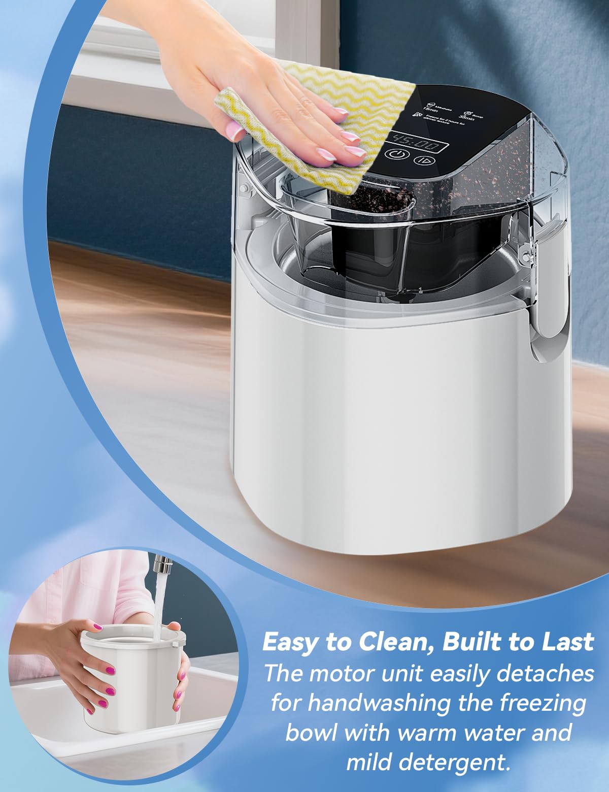 Ice Cream Maker, 1.5-Qt Ice Cream Machine and Frozen Yogurt Machine, 1.5-Qt Insulated Freezer Bowl, LCD Screen and Timer,  Results, Easy to Operate and Clean