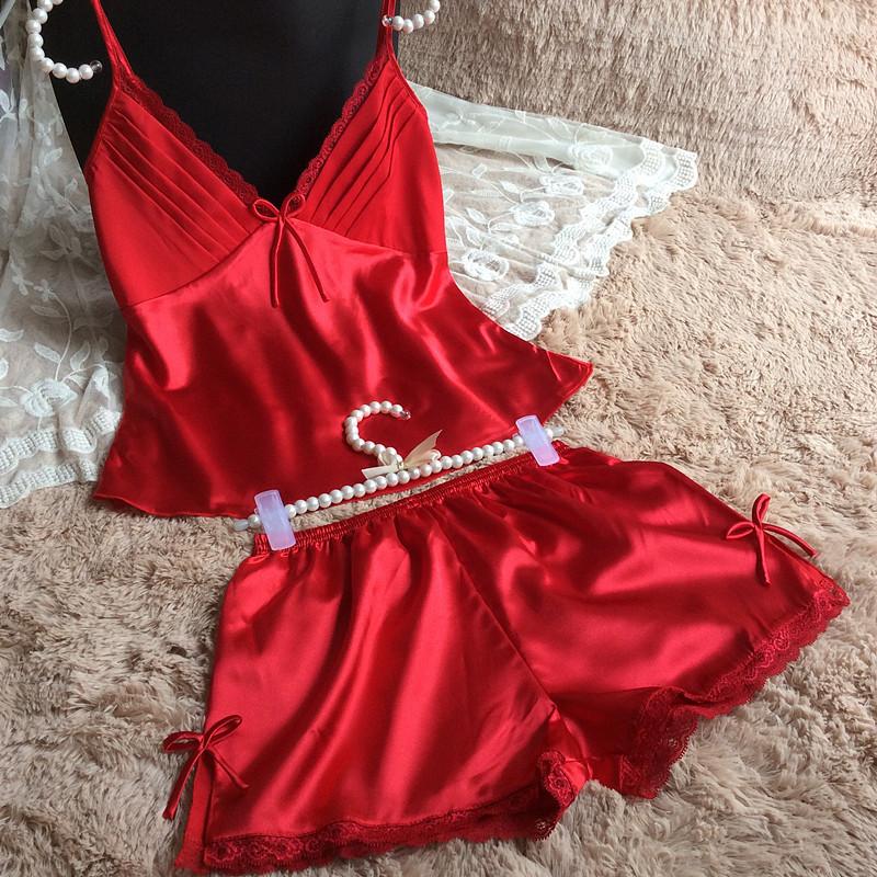 Clothing -  Women Sexy Deep V-neck Sleeveless Silk Lace Top With Shorts Sleepwear Set