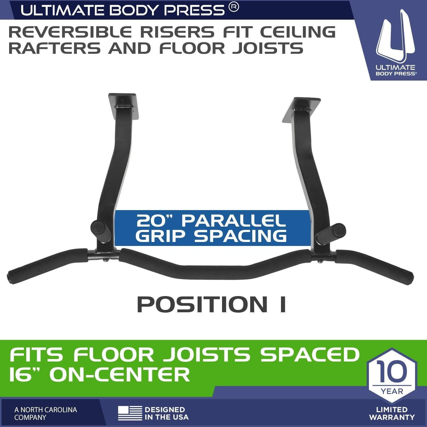 Ultimate Body Press Ceiling Mounted Pull Up Bar with Patented Reversible Risers for 16 and 24 Inch Joists