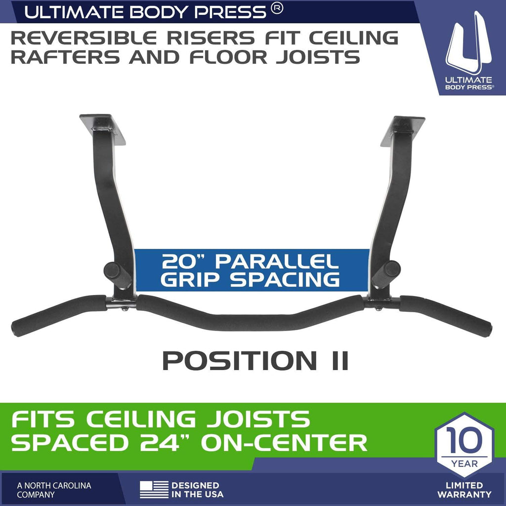 Ultimate Body Press Ceiling Mounted Pull Up Bar with Patented Reversible Risers for 16 and 24 Inch Joists