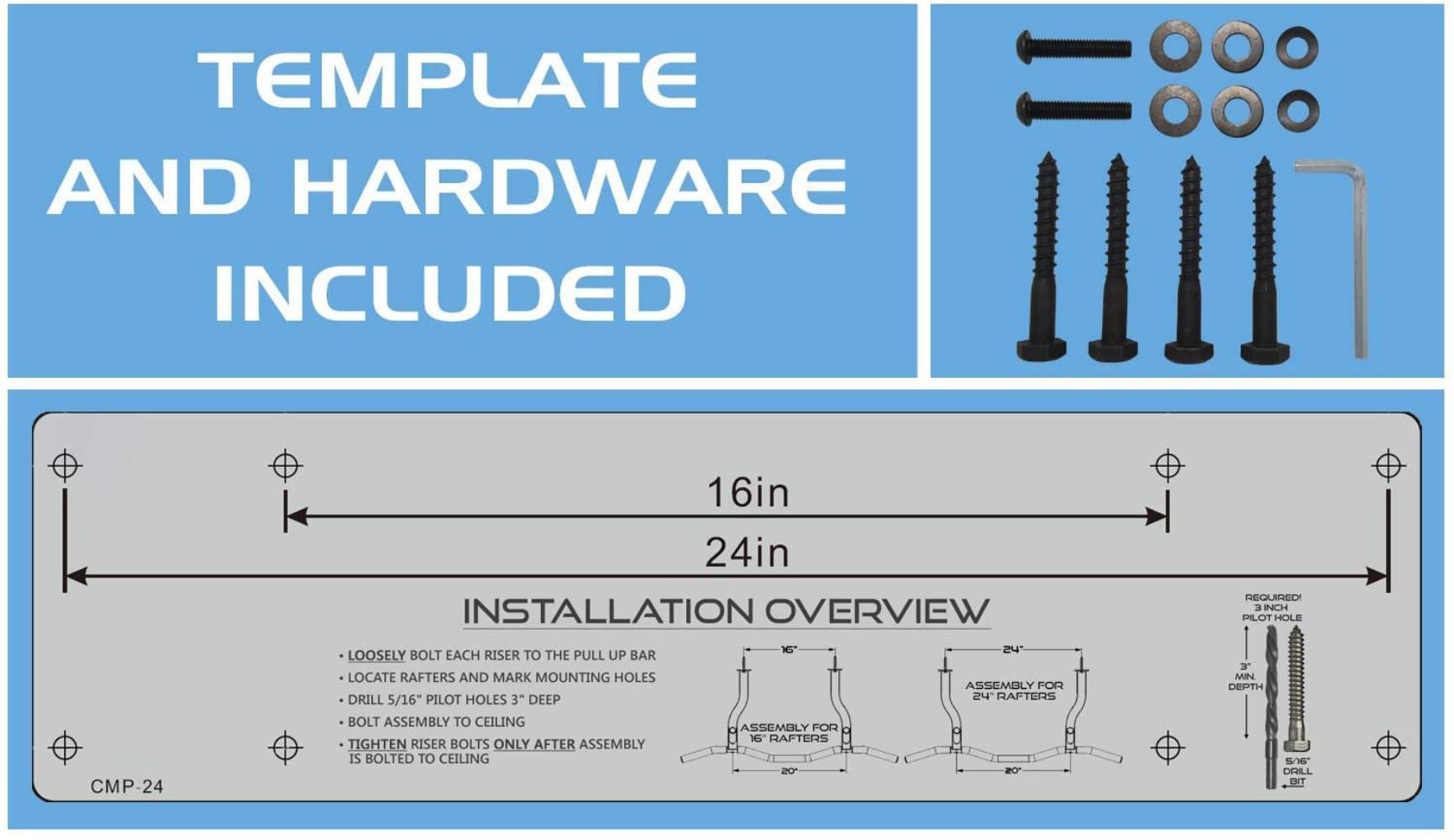 Ultimate Body Press Ceiling Mounted Pull Up Bar with Patented Reversible Risers for 16 and 24 Inch Joists