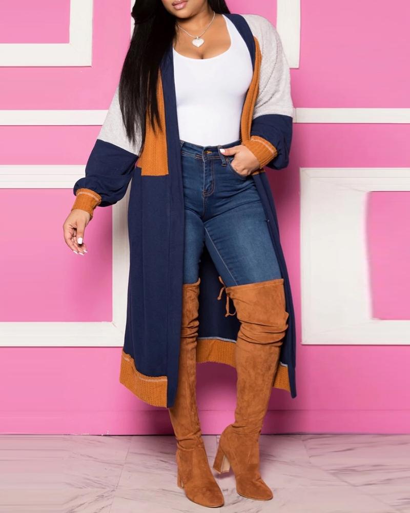 colorblock lantern sleeve longline cardigan