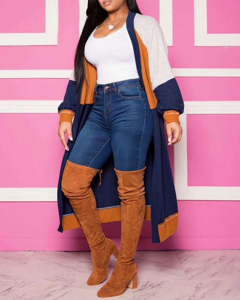 colorblock lantern sleeve longline cardigan